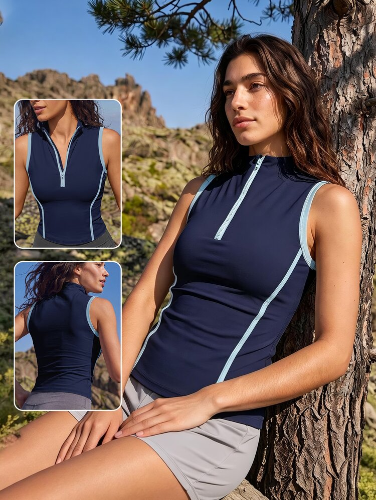 Exploreva Exploreva Women's Half-Zip Colorblock Tank Top, Slim Fit, Flattering, Sleeveless Top - Navy Blue - View 3