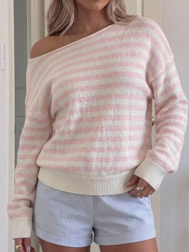 SHEIN Teen Girl Teen Girls Sweaters Pink & White Striped Patchwork Asymmetrical Shoulder Sweatshirt Cute Home Wear - Multicolor - View 3
