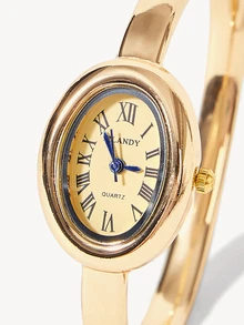 Opalesca 2pcs Women's Vintage French Style Gold Watch & Bracelet Set, Classic Oval Dial With Retro French Vibe. Part Of Gold Accessories Set - Gold - View 10