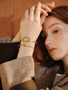 Opalesca 2pcs Women's Vintage French Style Gold Watch & Bracelet Set, Classic Oval Dial With Retro French Vibe. Part Of Gold Accessories Set - Gold - View 11