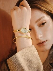 Opalesca 2pcs Women's Vintage French Style Gold Watch & Bracelet Set, Classic Oval Dial With Retro French Vibe. Part Of Gold Accessories Set - Gold - View 7