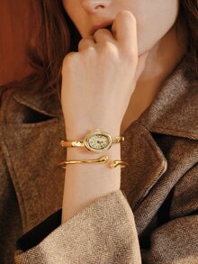 Opalesca 2pcs Women's Vintage French Style Gold Watch & Bracelet Set, Classic Oval Dial With Retro French Vibe. Part Of Gold Accessories Set - Gold - View 3