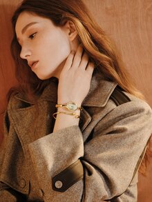 Opalesca 2pcs Women's Vintage French Style Gold Watch & Bracelet Set, Classic Oval Dial With Retro French Vibe. Part Of Gold Accessories Set - Gold - View 13