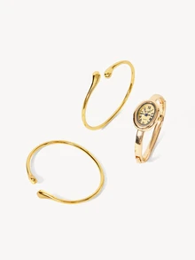 Opalesca 2pcs Women's Vintage French Style Gold Watch & Bracelet Set, Classic Oval Dial With Retro French Vibe. Part Of Gold Accessories Set - Gold - View 4