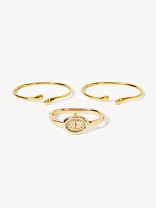 Opalesca 2pcs Women's Vintage French Style Gold Watch & Bracelet Set, Classic Oval Dial With Retro French Vibe. Part Of Gold Accessories Set - Gold - View 2