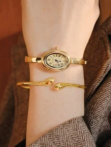 Opalesca 2pcs Women's Vintage French Style Gold Watch & Bracelet Set, Classic Oval Dial With Retro French Vibe. Part Of Gold Accessories Set - Gold - View 1