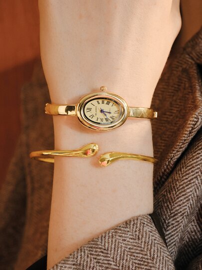 Opalesca 2pcs Women's Vintage French Style Gold Watch & Bracelet Set, Classic Oval Dial With Retro French Vibe. Part Of Gold Accessories Set