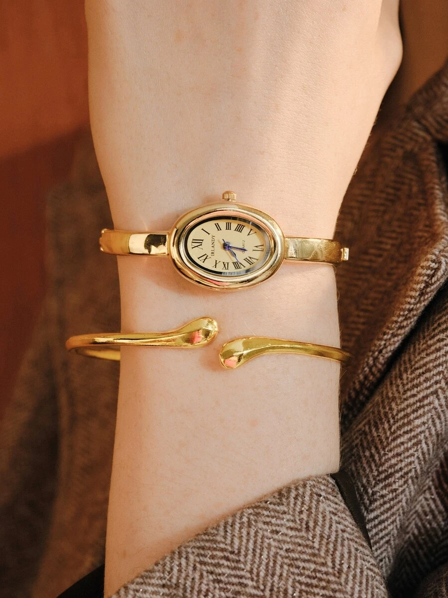 Opalesca 2pcs Women's Vintage French Style Gold Watch & Bracelet Set, Classic Oval Dial With Retro French Vibe. Part Of Gold Accessories Set - Gold - View 1