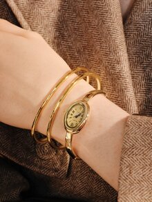 Opalesca 2pcs Women's Vintage French Style Gold Watch & Bracelet Set, Classic Oval Dial With Retro French Vibe. Part Of Gold Accessories Set - Gold - View 9