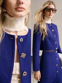 MOTF PREMIUM ELEGANT ASYMMETRICAL METAL DECOR WIDE SHOULDER FASHION WOOL BLEND AUTUMN/WINTER BOXY SHORT JACKET - Royal Blue - View 7