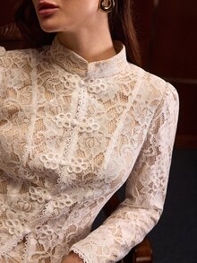 MOTF PREMIUM ELEGANT EXQUISITE LACE FROG BUTTON TOP AND MERMAID HEM SKIRT 2-PIECES SET - White - View 3