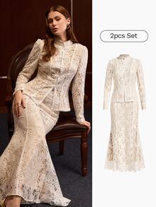 MOTF PREMIUM ELEGANT EXQUISITE LACE FROG BUTTON TOP AND MERMAID HEM SKIRT 2-PIECES SET - White - View 7