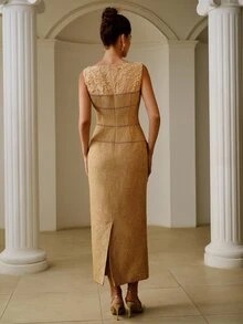 ZEYLAH Elegant Commuter Lace Patchwork Chain Decor Sleeveless Dress - Khaki - View 7
