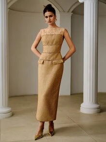 ZEYLAH Elegant Commuter Lace Patchwork Chain Decor Sleeveless Dress - Khaki - View 5