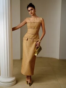 ZEYLAH Elegant Commuter Lace Patchwork Chain Decor Sleeveless Dress - Khaki - View 2