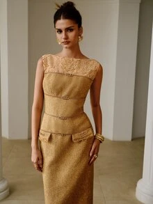 ZEYLAH Elegant Commuter Lace Patchwork Chain Decor Sleeveless Dress - Khaki - View 4