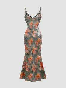 Sunnyshic Women's Velvet Printed Spaghetti Strap Dress Vacation Fall Sexy - Multicolor - View 2