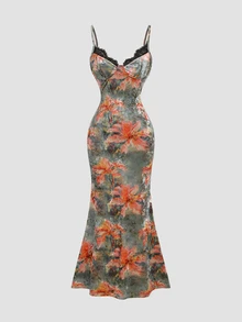 Sunnyshic Women's Velvet Printed Spaghetti Strap Dress Vacation Fall Sexy - Multicolor - View 3