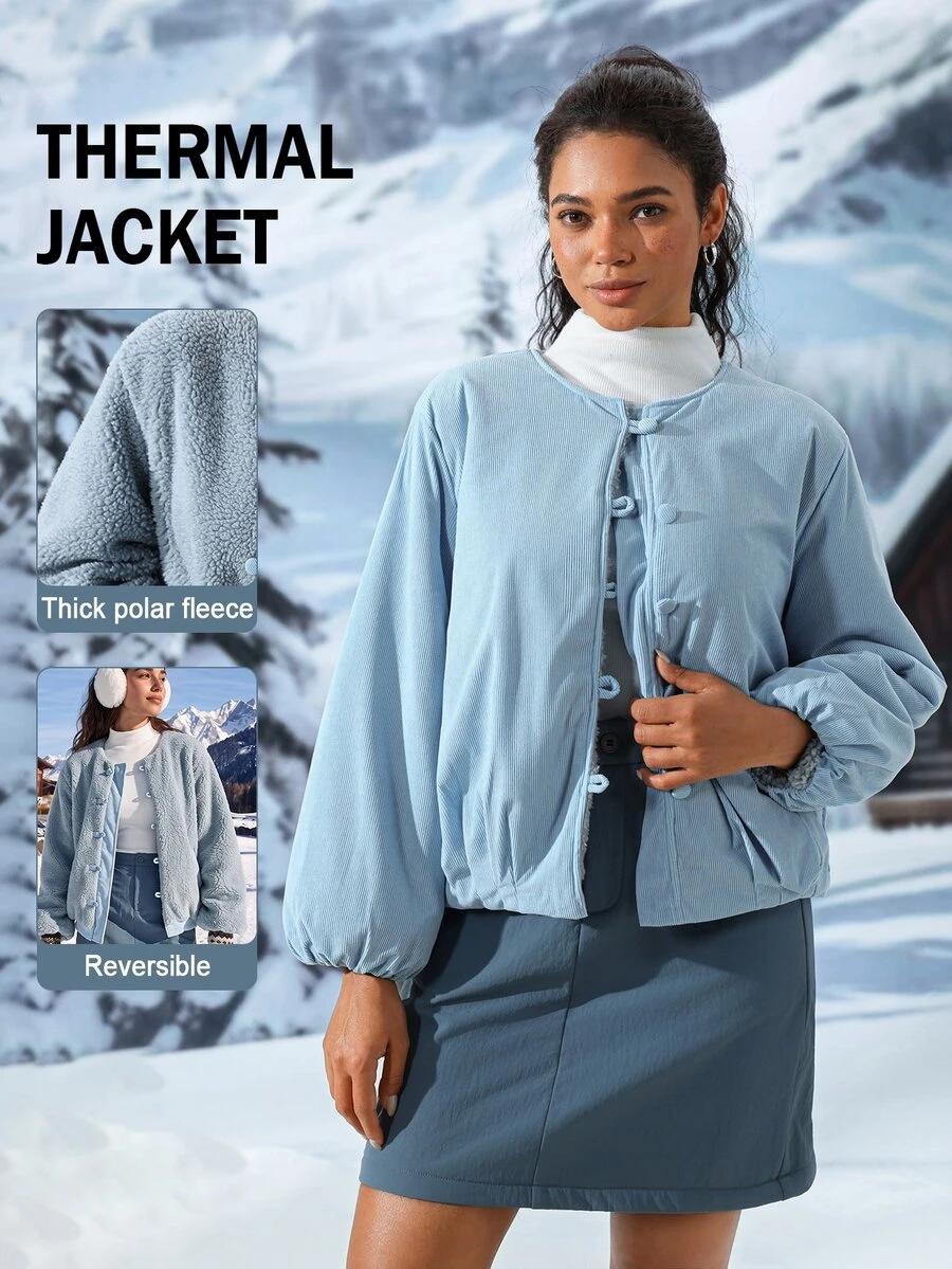 Exploreva Women's Long Sleeve Single-Breasted Loose Outdoor Fleece Jacket - Blue - View 1