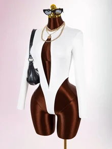 Amplova Zipper Bodycon Fitted Y2K Streetwear Sexy Casual Fashion Versatile Women's Mini Bodysuit Club Going Out Night Out All White Fall - White - View 14