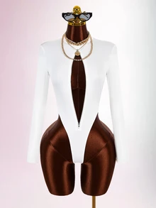 Amplova Zipper Bodycon Fitted Y2K Streetwear Sexy Casual Fashion Versatile Women's Mini Bodysuit Club Going Out Night Out All White Fall - White - View 8