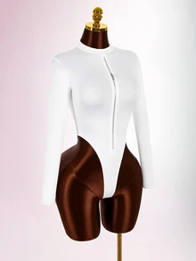 Amplova Zipper Bodycon Fitted Y2K Streetwear Sexy Casual Fashion Versatile Women's Mini Bodysuit Club Going Out Night Out All White Fall - White - View 12