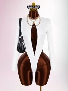 Amplova Zipper Bodycon Fitted Y2K Streetwear Sexy Casual Fashion Versatile Women's Mini Bodysuit Club Going Out Night Out All White Fall - White - View 3