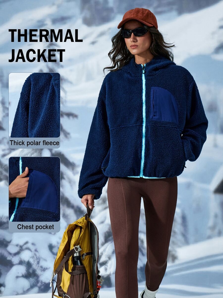 Exploreva Exploreva Women's Simple Zipper Pocket Long Sleeve Outdoor Fleece Jacket - Navy Blue - View 1