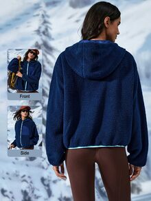 Exploreva Exploreva Women's Simple Zipper Pocket Long Sleeve Outdoor Fleece Jacket - Navy Blue - View 3