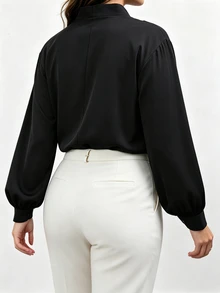 Easura Plus Size Women's Autumn/Winter Pleated V-Neck Elegant Commute Daily Blouse - Black - View 3