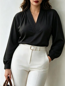 Easura Plus Size Women's Autumn/Winter Pleated V-Neck Elegant Commute Daily Blouse - Black - View 1