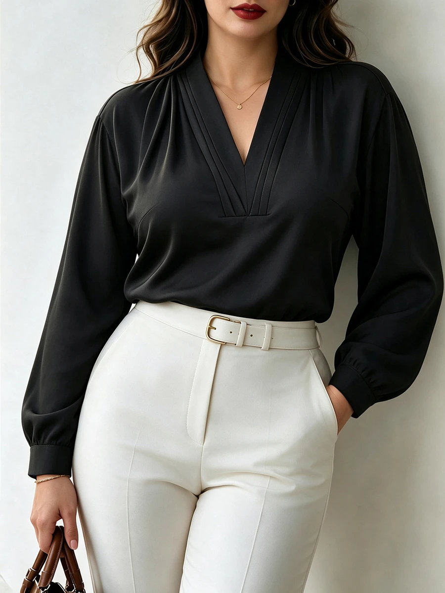 Easura Plus Size Women's Autumn/Winter Pleated V-Neck Elegant Commute Daily Blouse - Black - View 1