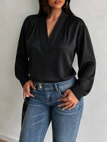 Easura Plus Size Women's Autumn/Winter Pleated V-Neck Elegant Commute Daily Blouse - Black - View 6