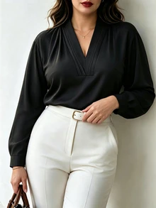 Easura Plus Size Women's Autumn/Winter Pleated V-Neck Elegant Commute Daily Blouse - Black - View 7