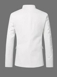 Manfinity Mode Men's All-Season Suit Blazer, White Fabric With Chinese-Style Small Stand Collar, Black Frog Button Design, Mature Suit Blazer, Formal - White - View 2