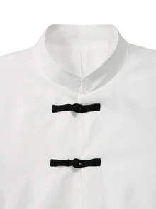 Manfinity Mode Men's All-Season Suit Blazer, White Fabric With Chinese-Style Small Stand Collar, Black Frog Button Design, Mature Suit Blazer, Formal - White - View 3