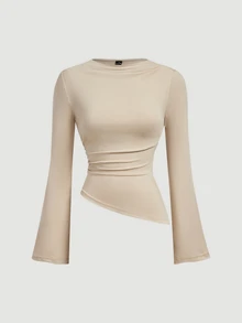 SHEIN MOD Crew Neck Ruched Flare Sleeve Cinched Waist Asymmetric Hem Burgundy Versatile T-Shirt, Fall - Apricot - View 3