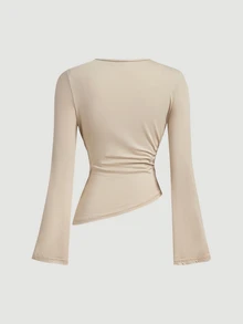 SHEIN MOD Crew Neck Ruched Flare Sleeve Cinched Waist Asymmetric Hem Burgundy Versatile T-Shirt, Fall - Apricot - View 4