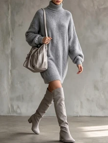 SHEIN كنزة نسائية خريفية/شتوية بلون موحد بتصميم بسيط، علوية محبوكة فضفاضة أنيقة متعددة الاستخدامات بطراز عتيق - رمادي - مشاهدة 5