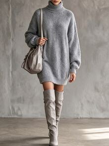 SHEIN كنزة نسائية خريفية/شتوية بلون موحد بتصميم بسيط، علوية محبوكة فضفاضة أنيقة متعددة الاستخدامات بطراز عتيق - رمادي - مشاهدة 1