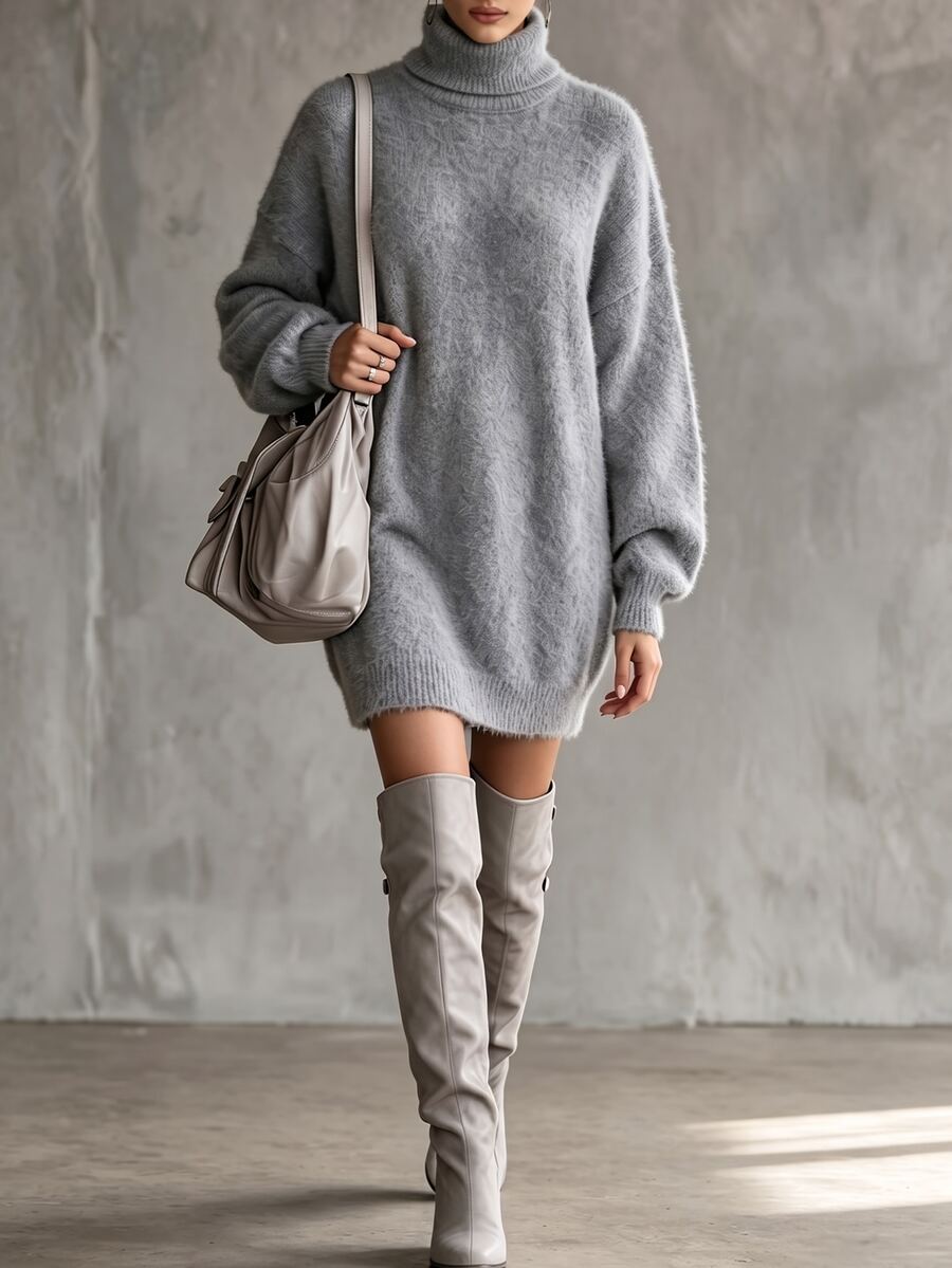 SHEIN كنزة نسائية خريفية/شتوية بلون موحد بتصميم بسيط، علوية محبوكة فضفاضة أنيقة متعددة الاستخدامات بطراز عتيق - رمادي - مشاهدة 1