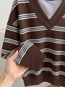 SHEIN LUNE 女款休閒復古風（70年代風格）大尺碼寬V領圖案印花長袖寬鬆衛衣，適合秋冬穿著－棕色條紋，適合返校與秋季日常穿搭 - 彩色 - 查看 5