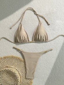 SHEIN Swim Women Summer Beach Metal Decoration Round Ring Sexy Bikini Set - Khaki - View 2