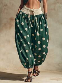 Glimmora Vacation Casual Polka Dot Lantern Pants - Green - View 3