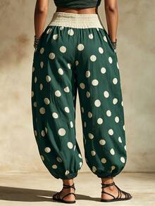 Glimmora Vacation Casual Polka Dot Lantern Pants - Green - View 2