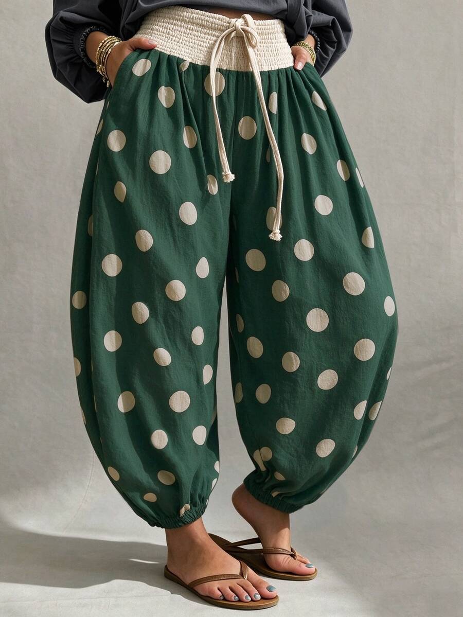 Glimmora Vacation Casual Polka Dot Lantern Pants - Green - View 1