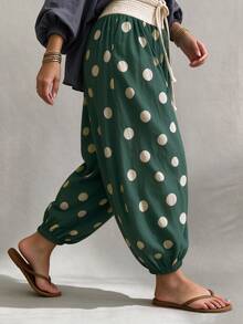Glimmora Vacation Casual Polka Dot Lantern Pants - Green - View 5