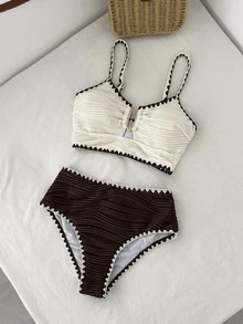 SHEIN Swim Women's Vacation Textured Metal Buckle Shell Embroidery Tank Top & Triangle Bikini Bottom Swimwear Set - Multicolor - View 3