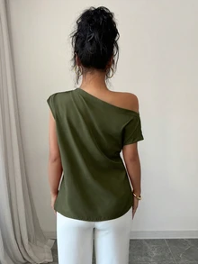 Elenzga Women's Casual Asymmetrical Neck Pleated Blouse, Suitable For Summer Vacation And Daily Commute - Army Green - View 2