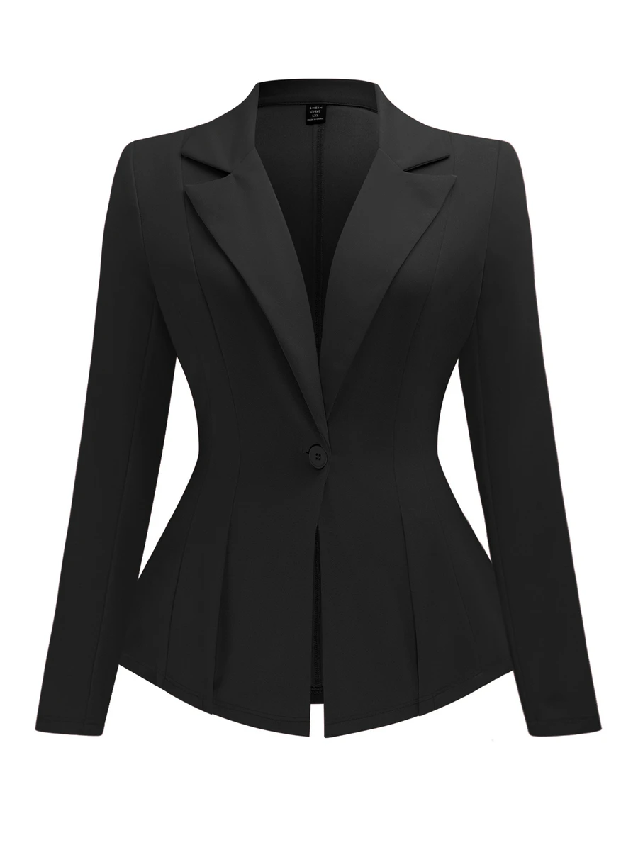 EMERY ROSE Women's Plus Size Slim Fit Suit Blazer,Elegant Formal Black Solid Color Minimalist Fashion For Casual Daily Wear,Graduation,Back To School,Autumn - Black - View 1
